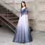 Chic / Beautiful Navy Blue Evening Dresses  2018 A-Line / Princess Appliques Lace Sequins Square Neckline Backless 3/4 Sleeve Floor-Length / Long Formal Dresses