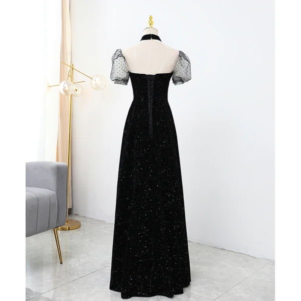 Élégant Noire Tachetée Paillettes Robe De Soirée 2021 Princesse Satin Col Haut Manches Courtes Dos Nu Longue Soirée Robe De Ceremonie