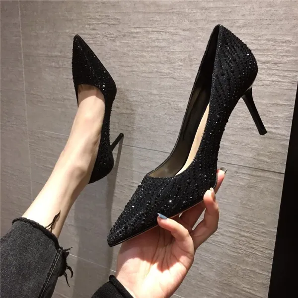 Chic / Beautiful Black Rhinestone Pumps 2021 7 cm Stiletto Heels Evening Party Pointed Toe Pumps High Heels