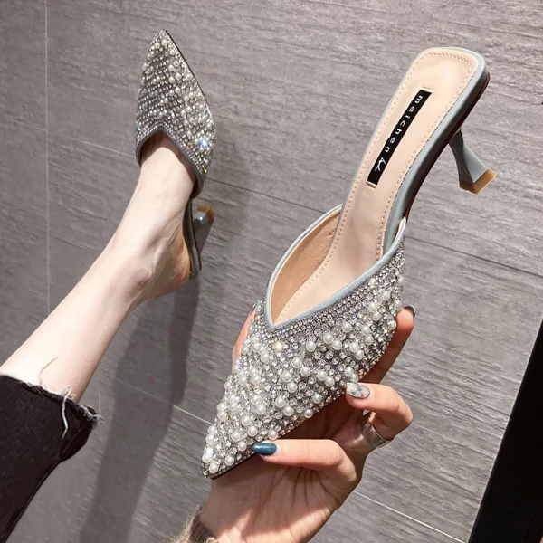 Chic / Beautiful Black Casual Pearl Rhinestone Womens Sandals 2021 6 cm Stiletto Heels Pointed Toe Sandals High Heels