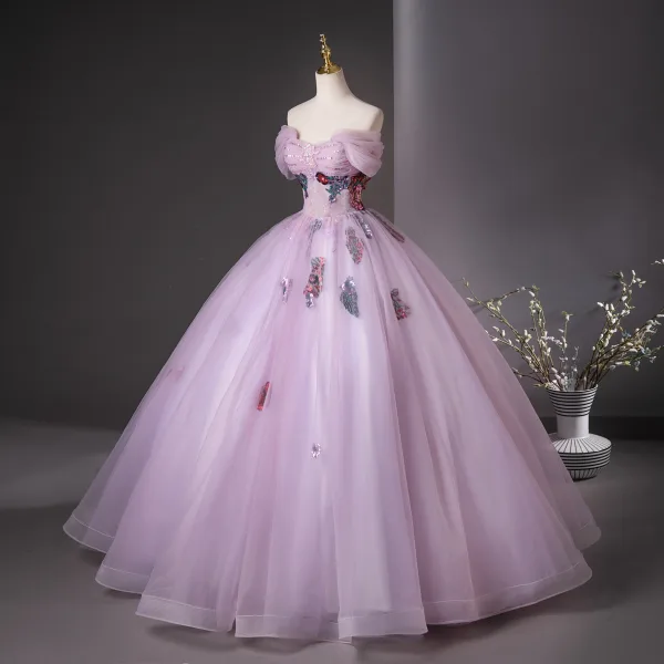 Elegant Lilac Beading Sequins Lace Flower Prom Dresses 2025 Ball Gown Off-The-Shoulder Short Sleeve Backless Floor-Length / Long Prom Formal Dresses