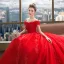 Modern / Fashion Red Wedding Dresses 2018 Ball Gown Beading Lace Sequins Off-The-Shoulder Backless Short Sleeve Royal Train Wedding