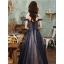 Vintage / Retro Navy Blue Prom Dresses 2021 A-Line / Princess Off-The-Shoulder Beading Sequins Sleeveless Backless Floor-Length / Long Prom Formal Dresses