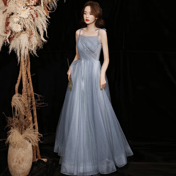 Chic / Belle Bleu Ciel Gris Paillettes Robe De Bal 2021 Princesse Bretelles Spaghetti Sans Manches Dos Nu Longue Promo Robe De Ceremonie