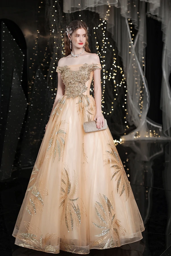 Charmant Doré Robe De Bal 2021 Princesse De l'épaule Perlage Paillettes En Dentelle Fleur Sans Manches Dos Nu Longue Promo Robe De Ceremonie