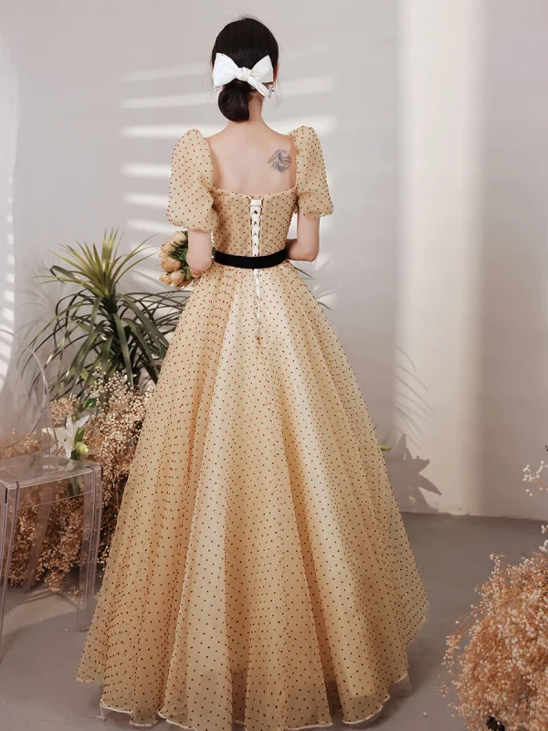 Fashion Yellow Spotted Prom Dresses 2021 A-Line / Princess Square Neckline Short Sleeve Bow Backless Floor-Length / Long Prom Formal Dresses