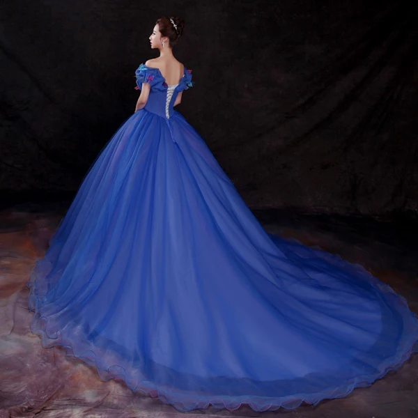 Cinderella Royal Blue Prom Dresses 2018 Ball Gown Appliques Off-The-Shoulder Backless Sleeveless Cathedral Train Formal Dresses