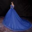 Cinderella Royal Blue Prom Dresses 2018 Ball Gown Appliques Off-The-Shoulder Backless Sleeveless Cathedral Train Formal Dresses