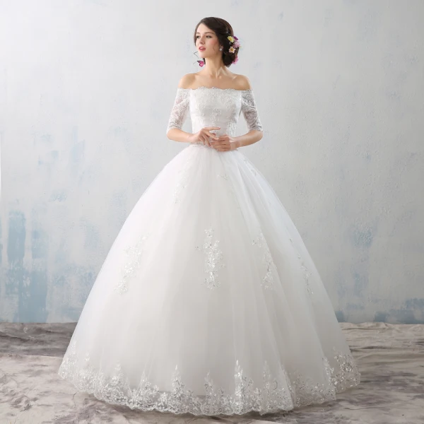 Amazing / Unique Formal Dresses 2017 Ball Gown Lace Flower Backless Off-The-Shoulder 1/2 Sleeves Floor-Length / Long Prom Dresses
