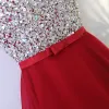 Red Sparkly Graduation Dresses 2017 A-Line / Princess Bow Sequins Backless Scoop Neck Short Formal Dresses