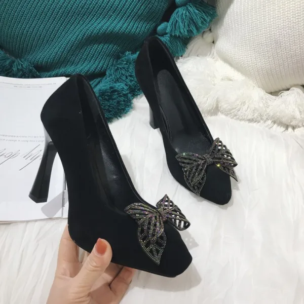 Chic / Beautiful Black Prom Pumps 2021 Leather Rhinestone Bow 10 cm Stiletto Heels Pointed Toe Pumps High Heels