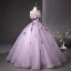 Elegant Lilac Beading Sequins Lace Flower Prom Dresses 2025 Ball Gown Off-The-Shoulder Short Sleeve Backless Floor-Length / Long Prom Formal Dresses