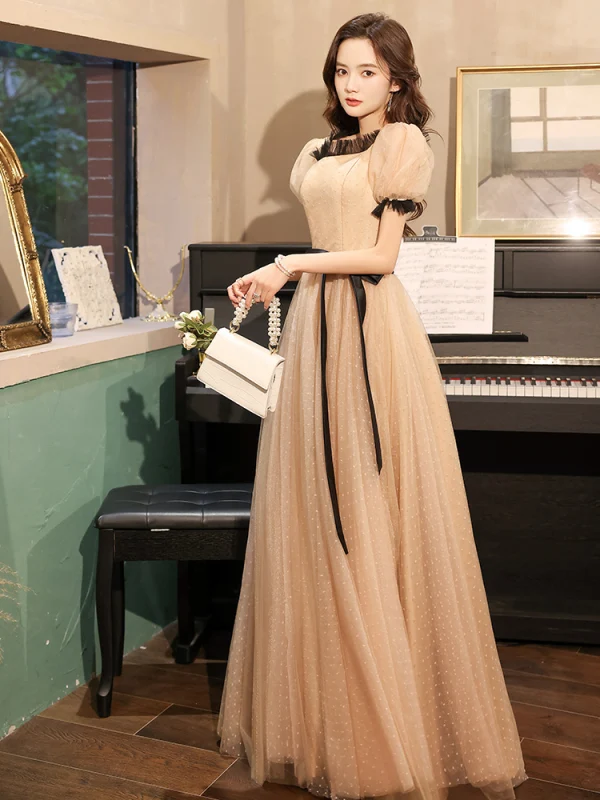 Vintage / Retro Champagne Spotted Prom Dresses 2021 A-Line / Princess Square Neckline Short Sleeve Bow Floor-Length / Long Prom Formal Dresses