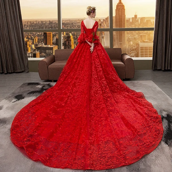 Schöne Rot Brautkleider 2018 Ballkleid Star Rundhalsausschnitt Lange Ärmel Rückenfreies Kathedrale Schleppe Hochzeit
