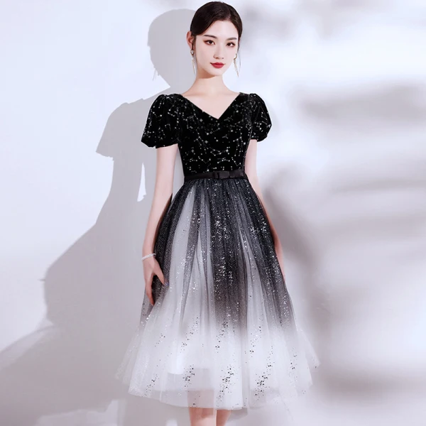 Modern / Fashion Navy Blue Suede Homecoming Graduation Dresses 2021 A-Line / Princess V-Neck Star Sequins Sash Bow Short Sleeve Tea-length Formal Dresses