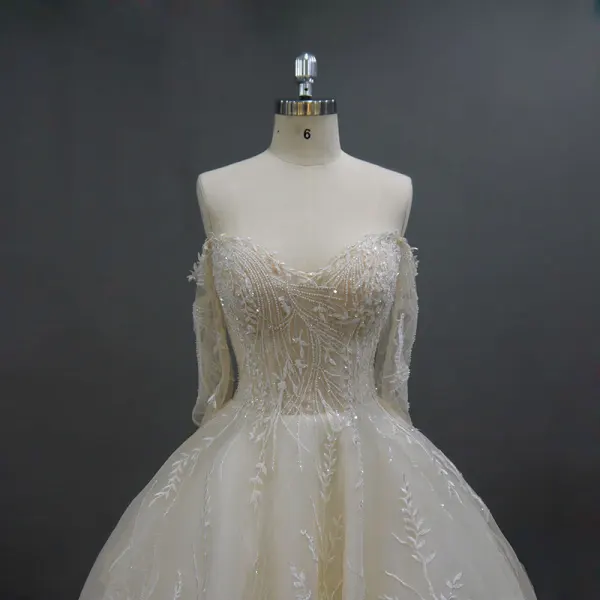 Luxury / Gorgeous Champagne Wedding Dresses 2018 Ball Gown Lace Flower Beading Sequins Strapless Short Sleeve Backless Royal Train Wedding