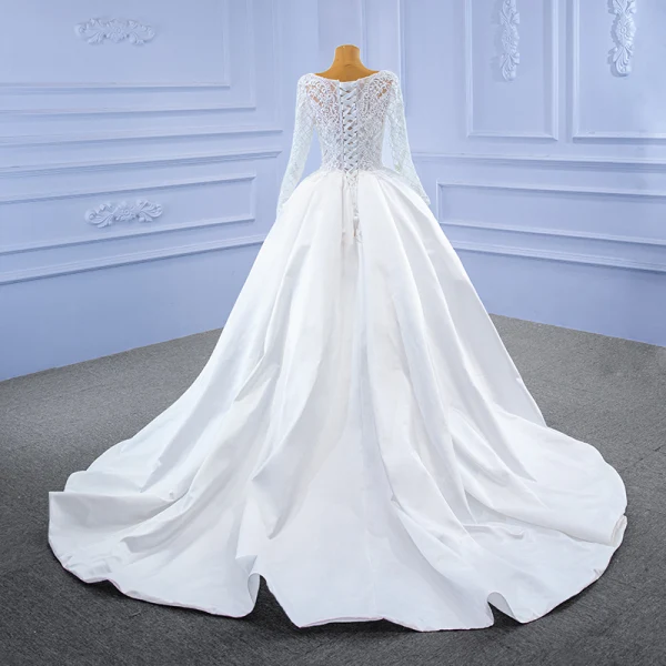 High-end Ivory Split Front Satin Wedding Dresses 2021 Ball Gown Scoop Neck Lace Flower Long Sleeve Chapel Train Wedding