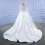 High-end Ivory Split Front Satin Wedding Dresses 2021 Ball Gown Scoop Neck Lace Flower Long Sleeve Chapel Train Wedding
