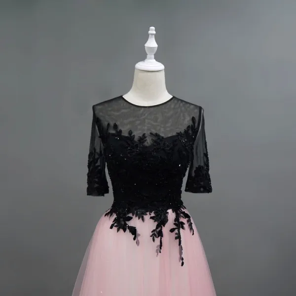 Sparkly Pearl Pink Evening Dresses 2018 A-Line / Princess Beading Lace Flower Scoop Neck 1/2 Sleeves Sweep Train Formal Dresses