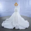 High End Weiß Brautkleider / Hochzeitskleider 2021 Meerjungfrau Rundhalsausschnitt Kristall Strass Ärmel Kathedrale Schleppe Hochzeit