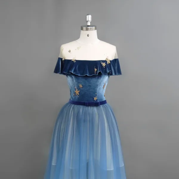 Modern / Fashion Navy Blue Evening Dresses 2018 A-Line / Princess Star Suede Bow Scoop Neck Short Sleeve Floor-Length / Long Formal Dresses