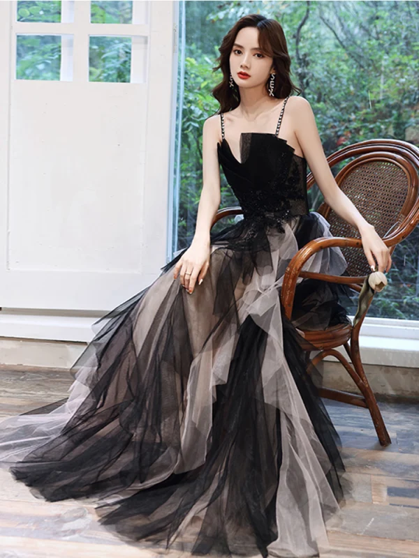 Affordable Black Ruffle Prom Dresses 2021 A-Line / Princess Spaghetti Straps Beading Sequins Lace Flower Sleeveless Backless Floor-Length / Long Prom Formal Dresses