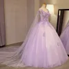 Elegant Lavender Prom Dresses 2018 Ball Gown Appliques Lace Flower Beading Pearl Sequins Scoop Neck Backless Sleeveless Watteau Train