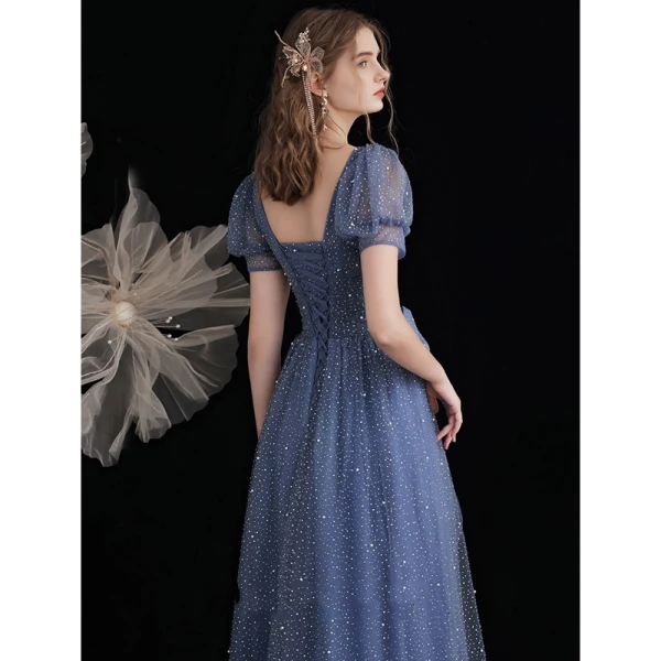Fashion Ocean Blue Glitter Starry Sky Prom Dresses 2021 A-Line / Princess V-Neck Beading Pearl Sequins Short Sleeve Bow Backless Prom