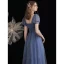 Fashion Ocean Blue Glitter Starry Sky Prom Dresses 2021 A-Line / Princess V-Neck Beading Pearl Sequins Short Sleeve Bow Backless Prom