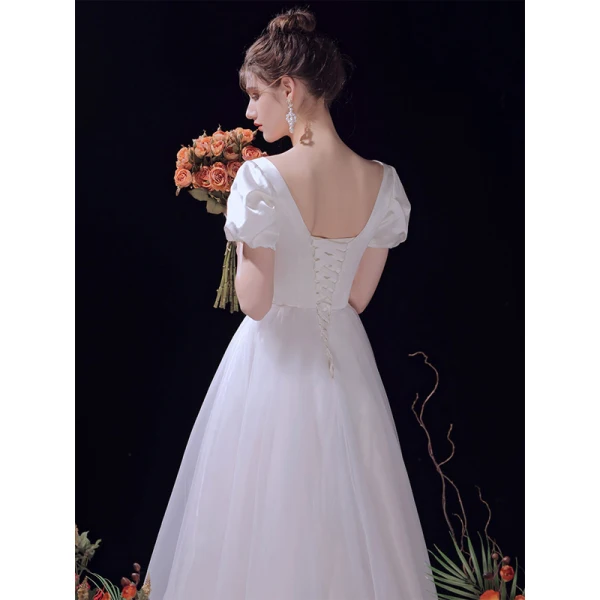 Modest / Simple Ivory Wedding Dresses 2021 A-Line / Princess Bow V-Neck Short Sleeve Backless Tea-length Wedding Modest / Simple Ivory Wedding Dresses 2021 A-Line / Princess Bow V-Neck Short Sleeve Backless Tea-length Wedding