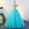 Traditional Jade Green Prom Dresses 2018 Ball Gown Appliques Lace Flower Pearl Scoop Neck Short Sleeve Floor-Length / Long Formal Dresses