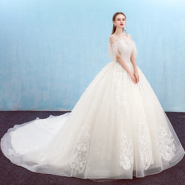 Elegant Ivory Wedding Dresses 2018 Ball Gown Beading Sequins Crystal Lace Flower Scoop Neck Backless Sleeveless Cathedral Train Wedding