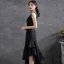 Modern / Fashion Black Ruffle Satin Party Dresses 2021 A-Line / Princess V-Neck Sleeveless Backless Asymmetrical Formal Dresses