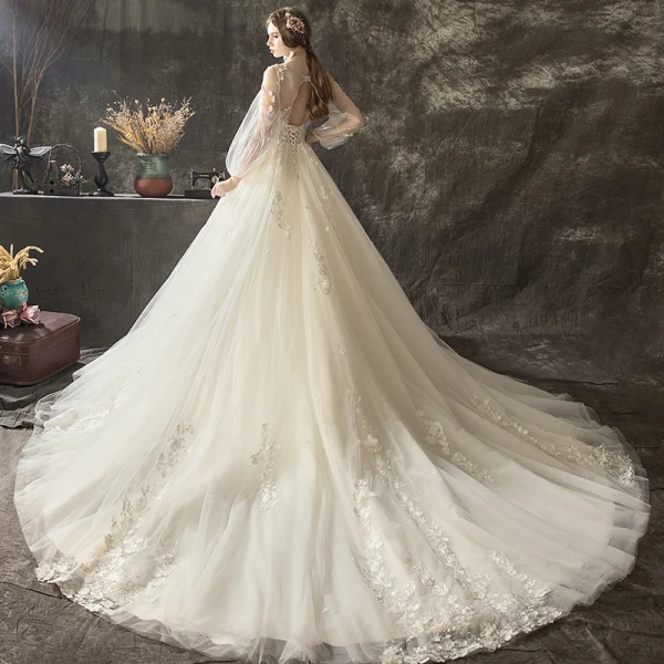 Charming Champagne Wedding Dresses 2018 A-Line / Princess Lace Flower Appliques Pearl Scoop Neck Long Sleeve Backless Cathedral Train Wedding
