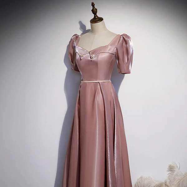 Elegant Dusky Pink Satin Prom Dresses 2021 A-Line / Princess Square Neckline Pearl Sash Short Sleeve Backless Floor-Length / Long Prom Formal Dresses
