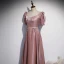 Elegant Dusky Pink Satin Prom Dresses 2021 A-Line / Princess Square Neckline Pearl Sash Short Sleeve Backless Floor-Length / Long Prom Formal Dresses