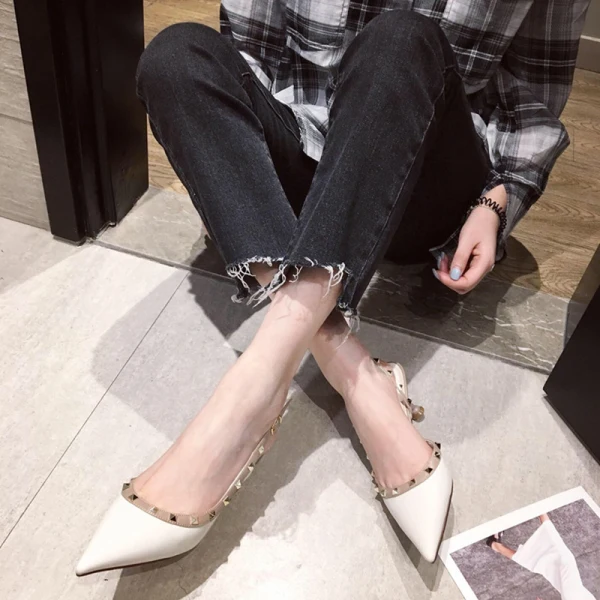 Fashion White Casual Rivet Womens Sandals 2021 Ankle Strap 5 cm Stiletto Heels Pointed Toe Sandals High Heels