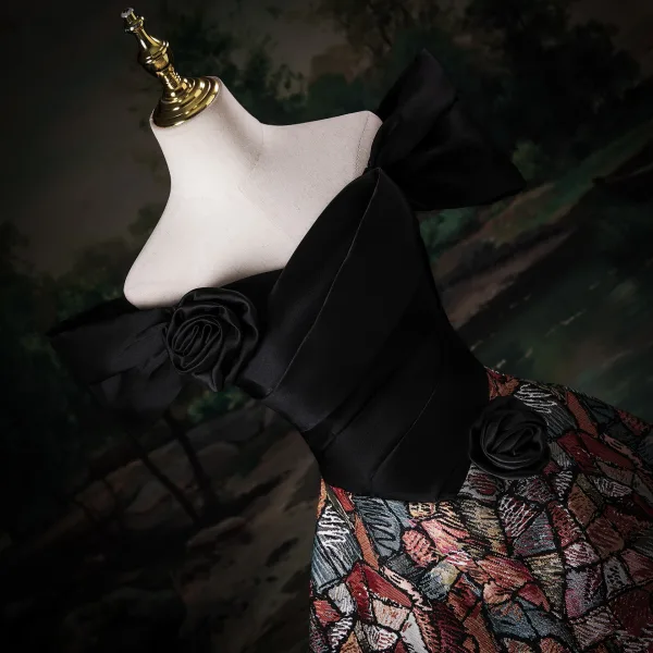 Vintage / Retro Black Check Prom Dresses 2025 Ball Gown Off-The-Shoulder Short Sleeve Backless Floor-Length / Long Prom Formal Dresses