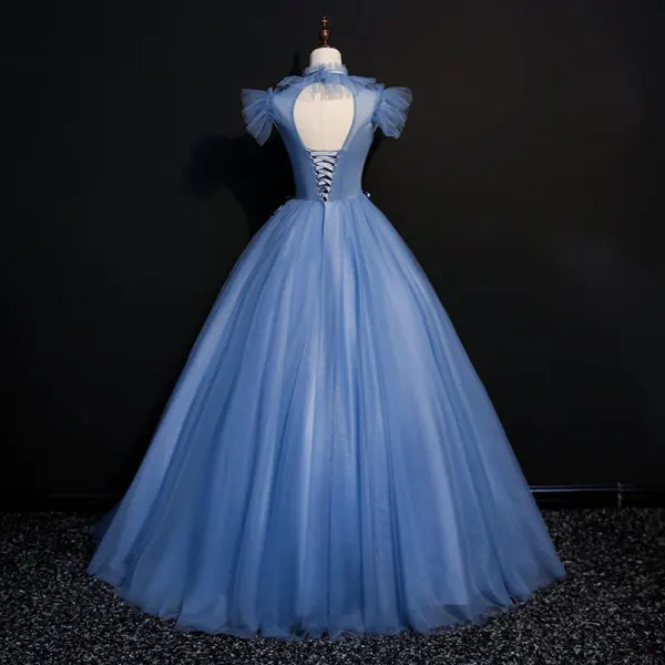 Vintage / Retro Ocean Blue Prom Dresses 2018 Ball Gown Lace Flower Appliques Bow Scoop Neck Backless Short Sleeve Floor-Length / Long Formal Dresses