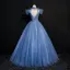 Vintage / Retro Ocean Blue Prom Dresses 2018 Ball Gown Lace Flower Appliques Bow Scoop Neck Backless Short Sleeve Floor-Length / Long Formal Dresses