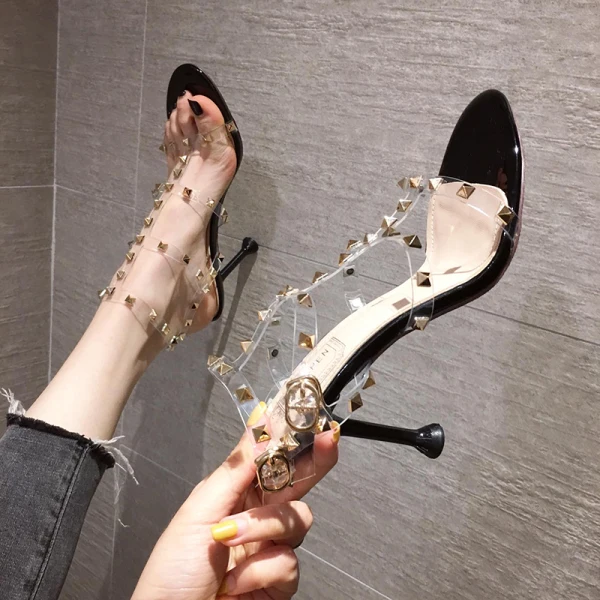 Sexy Gold Cocktail Party Evening Party Womens Sandals 2021 Rivet T-Strap 9 cm Stiletto Heels Open / Peep Toe Sandals High Heels