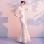Chinese style Champagne Evening Dresses  2018 Trumpet / Mermaid Lace Flower Beading High Neck Backless Short Sleeve Floor-Length / Long Formal Dresses