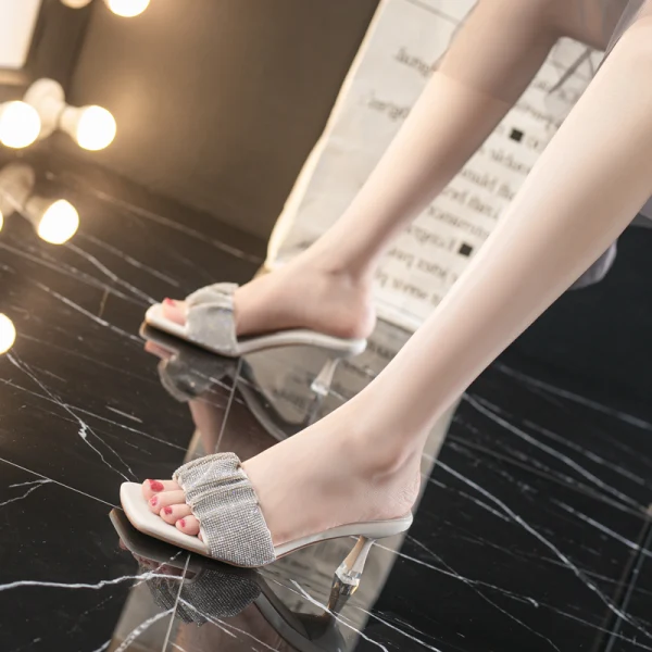 Sexy Beige Rhinestone Casual Womens Sandals 2021 Open / Peep Toe 6 cm Stiletto Heels Sandals High Heels