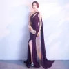 Sexy Purple Evening Dresses  2018 Trumpet / Mermaid Beading Crystal Sequins One-Shoulder Sleeveless Backless Sweep Train Formal Dresses