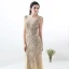 Chic / Belle Champagne Robe De Soirée 2018 Trompette / Sirène Dentelle Fait main Perlage Cristal Paillettes Encolure Dégagée Sans Manches Longue Robe De Ceremonie