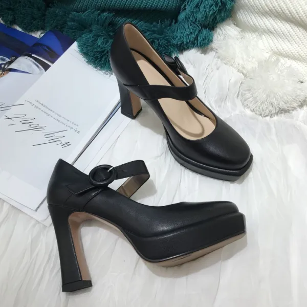 Simple Noire Vêtement de rue Escarpins 2021 Cuir 10 cm Talons Aiguilles Pied Carré Escarpins Talons Hauts