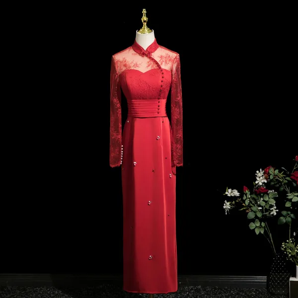 Vintage / Retro Burgundy Lace Flower Trumpet / Mermaid Prom Dresses 2025 High Neck Long Sleeve Floor-Length / Long Formal Dresses