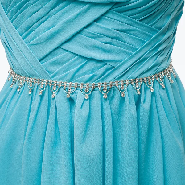 Schöne Jägergrün Chiffon Abendkleider 2018 A Linie Durchsichtige Rundhalsausschnitt Ärmellos Strass Stoffgürtel Sweep / Pinsel Zug Rüschen Rückenfreies Festliche Kleider