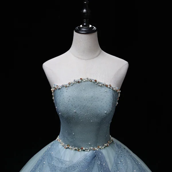 Chic / Beautiful Sky Blue Pearl Sequins Prom Dresses 2022 Ball Gown Strapless Sleeveless Backless Floor-Length / Long Formal Dresses