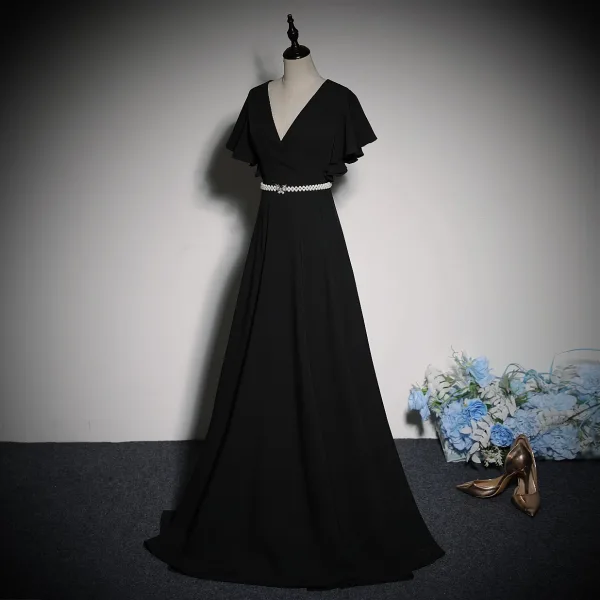 Elegant Sorte Perle Rhinestone Sløjfe Bælte Gallakjoler 2023 Prinsesse V-Hals Kort Ærme Lange Galla Kjoler